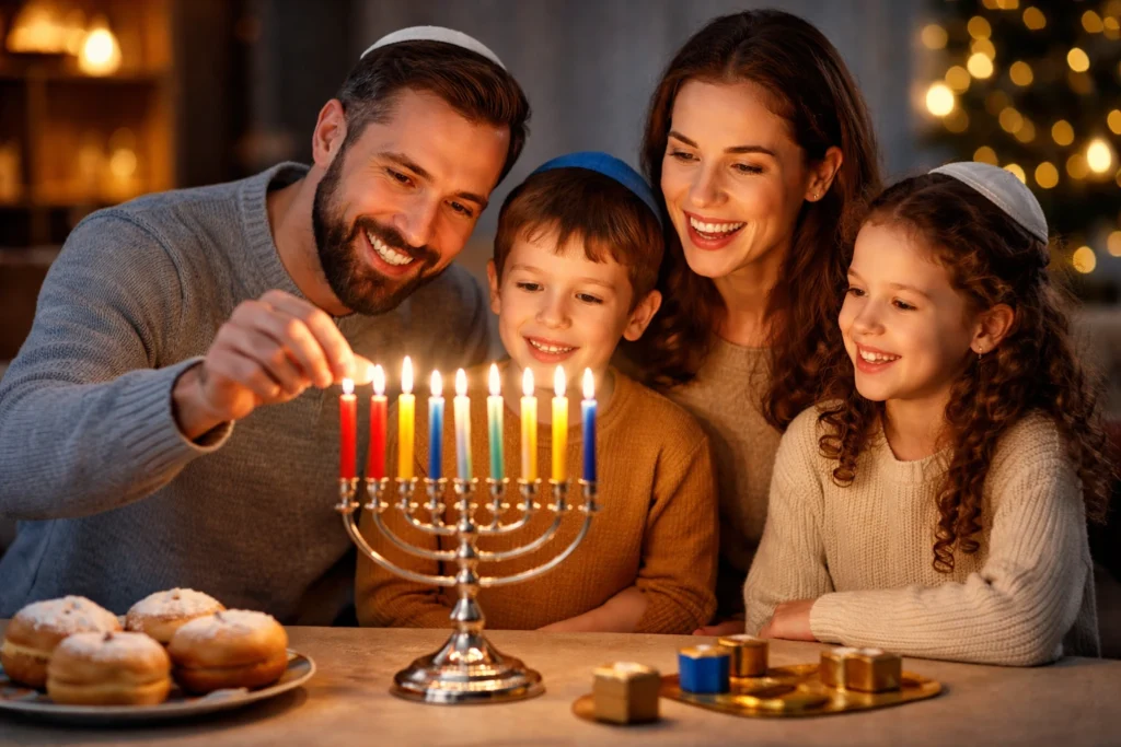 Jewish family lighting Hanukkah menorah symbolizing the true story of faith and resistance