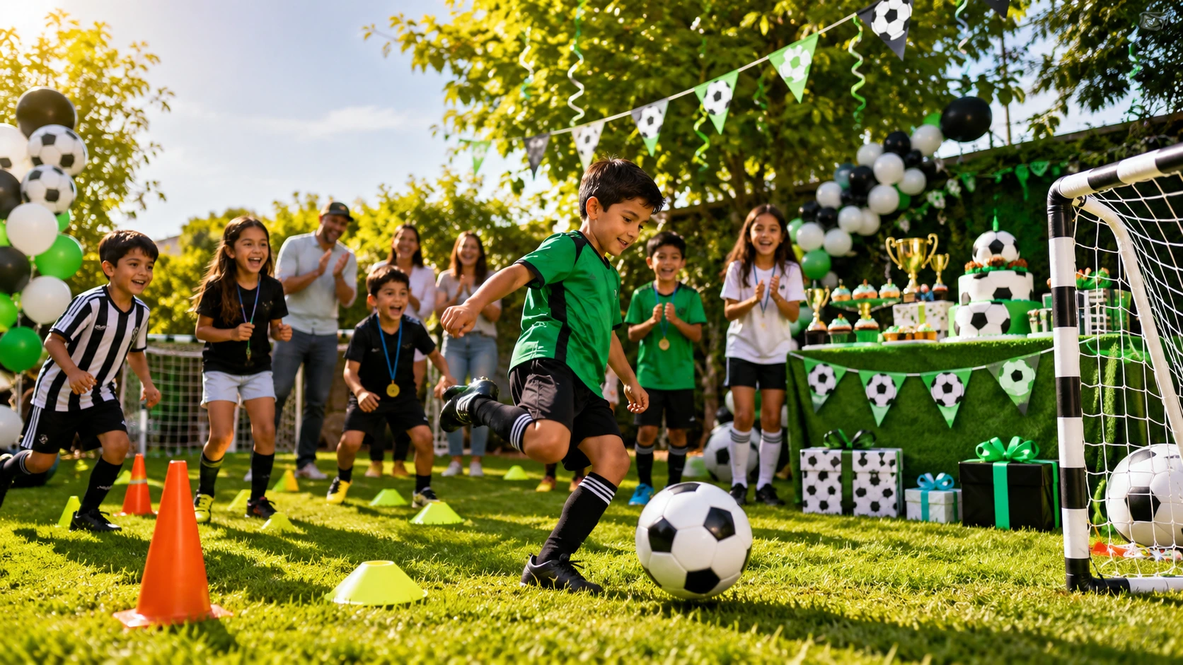 Energetic soccer birthday celebration in full swing